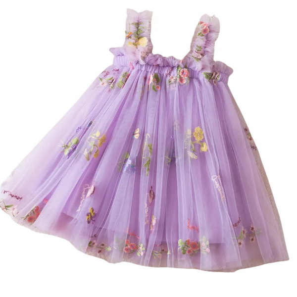 Girls purple tulle party dress with floral embroidery detail