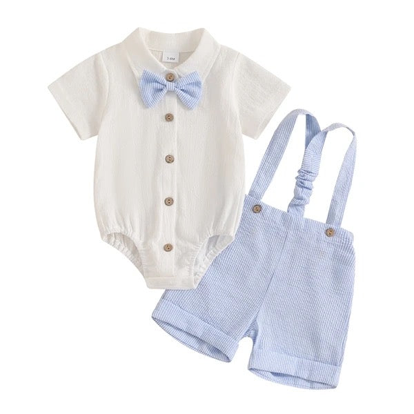 Baby Boy Fancy Cotton Outfit with Bow Tie in Blue & White Checks
