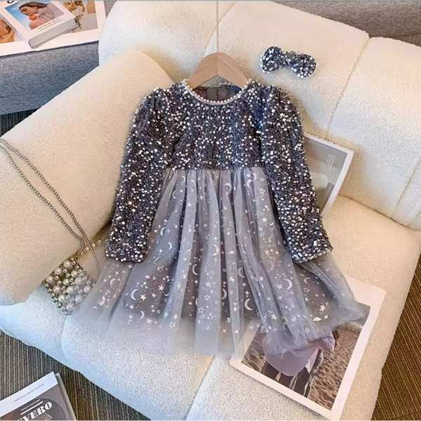Long Sleeve Embellished Grey Party Dress + Bow