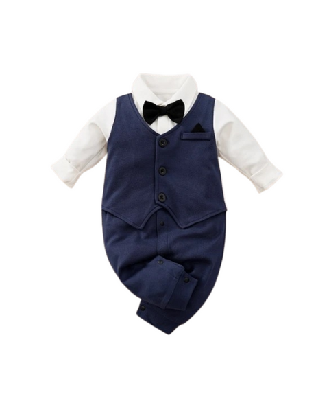 Baby Boy Formal Waistcoat Romper With Bow Tie - Navy & White
