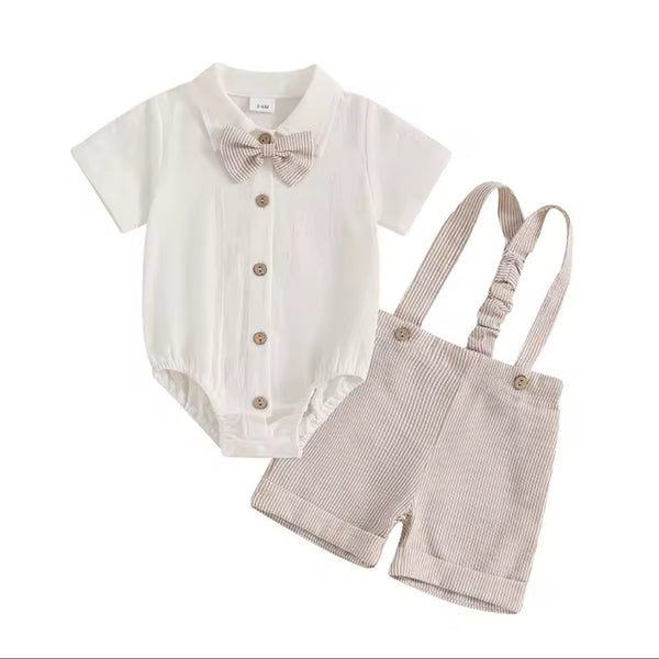Baby Boy Fancy Cotton Outfit with Bow Tie in Brown & White Checks
