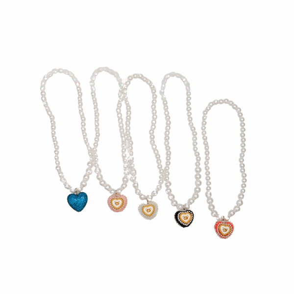 Set of pearl necklaces with heart-shaped colorful charms on a white background