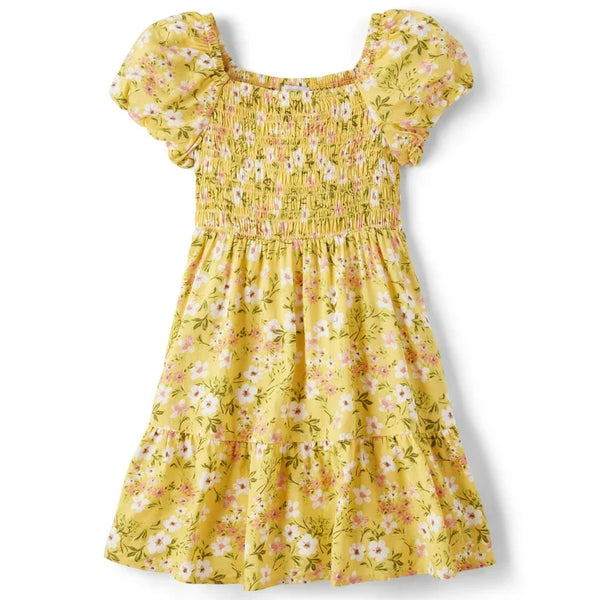 Sunset Gold Floral Short Sleeve Smocked Dress