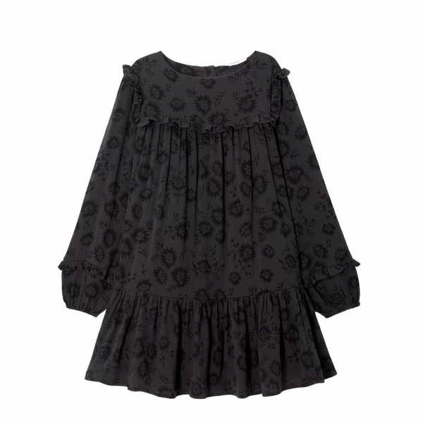 Long Sleeve Floral l Cotton Kids Dress - Dark Grey