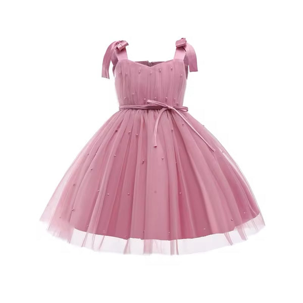 Girls Pink Party Tulle Dress with Pearl Detail