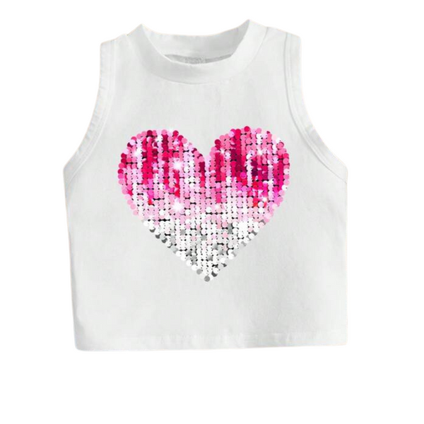 Girls Crop Top with Sequin Heart Print