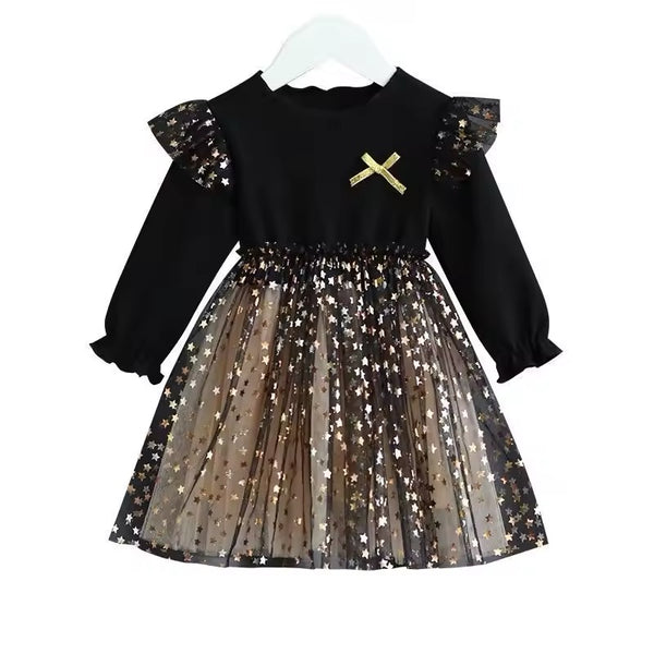 Long Sleeve Party Dress - Black Starry Tulle