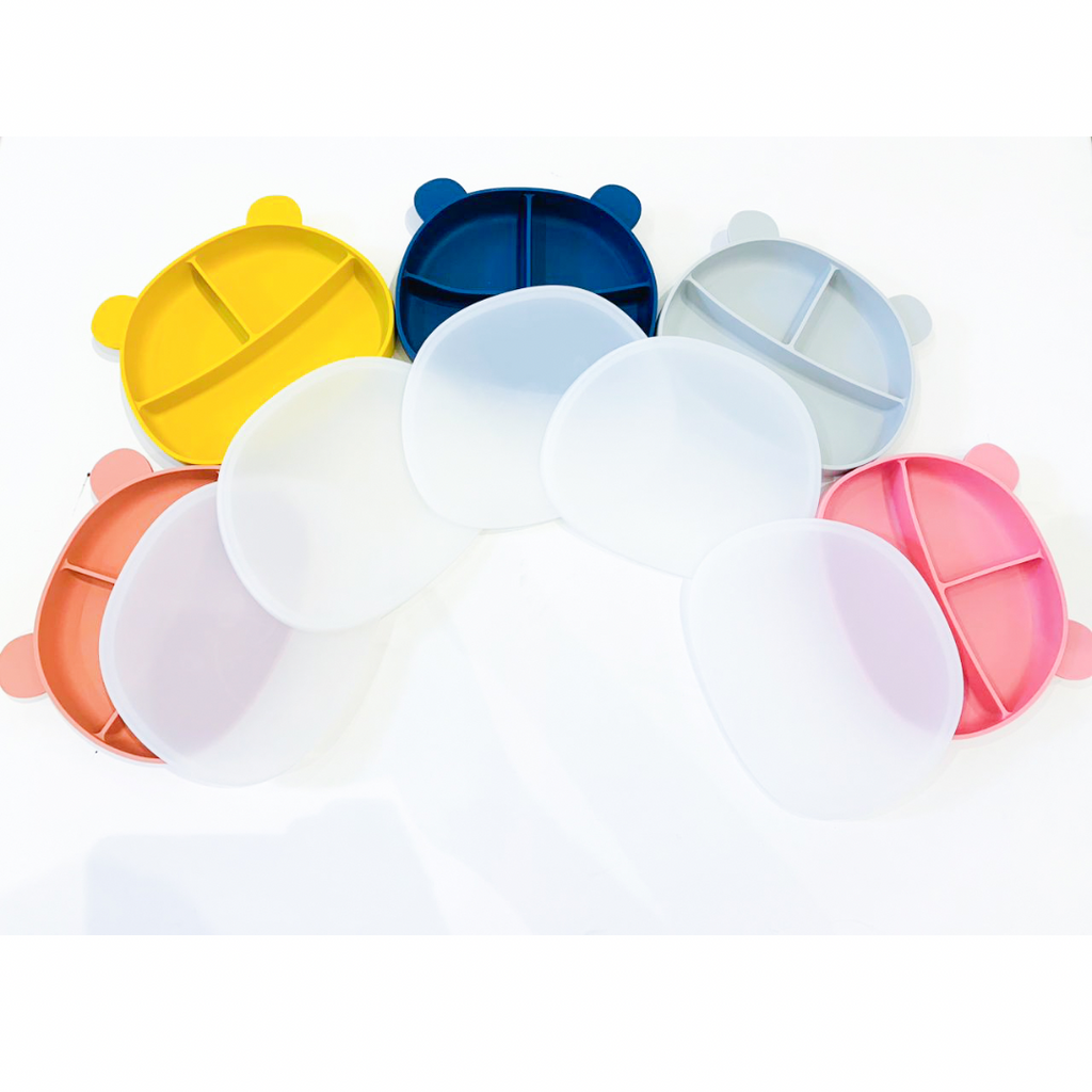 Silicone suction bear divided plate for kids with lid in a range of 5 colors