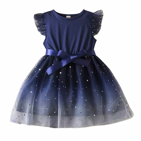 Girls Sleeveless Starry Sequin Bow Knot Party Dress - Navy