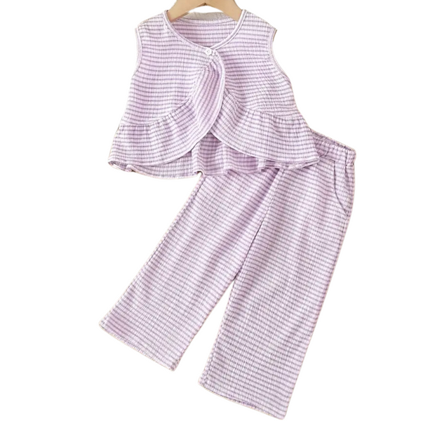 Girls Resortwear Ruffle Top + Pants in Purple & White Stripes