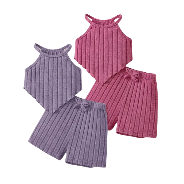Girls Ribbed Tank Top + Shorts in Purple & Pink Options