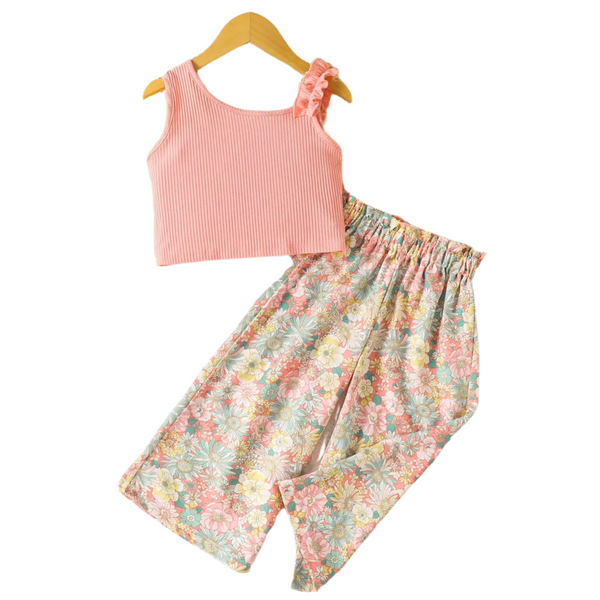 Girls Resortwear Two Piece Top & Pants in Peach Floral Design