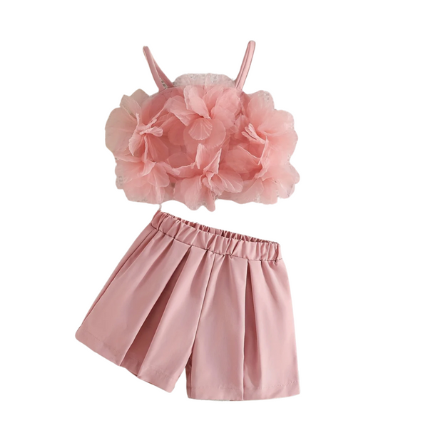 Girls Resortwear Two Piece Flower Top & Shorts in Pink