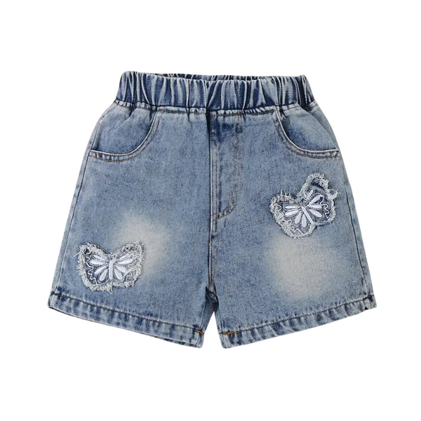 Girls Blue Denim Shorts With Butterfly Embroidery