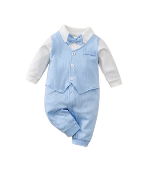 Baby Boy Formal Waistcoat Romper With Bow Tie - Baby Blue & White