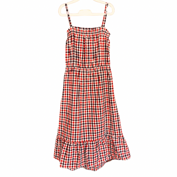 Girl’s Midi Strap Dress with Back Cut Out in Red & Navy Checks
