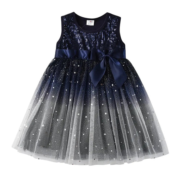Girls Sleeveless Sequin Gradient Bow Knot Party Dress - Navy