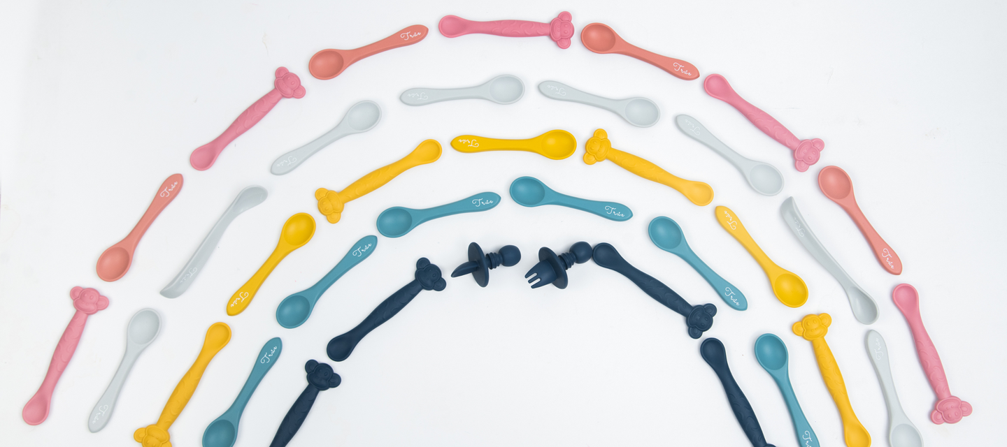 Cute and sturdy food grade silicone spoons for infants and toddlers, these are great mealtime teether spoons to soothe sore gums too.