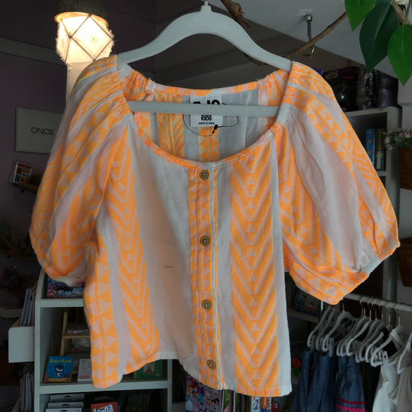 Kids Orange Strip Puff Frill Sleeve Crop Top