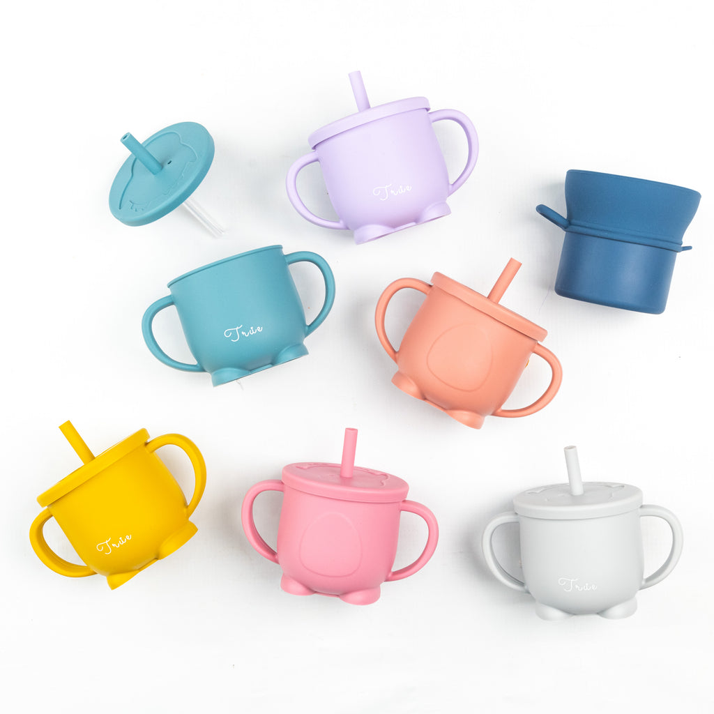 True silicone double handed straw cup, made of BPA-Free material in different range of colors. It come with a snack lid and a straw lid, with two handles. Easy for toddler to hold it.