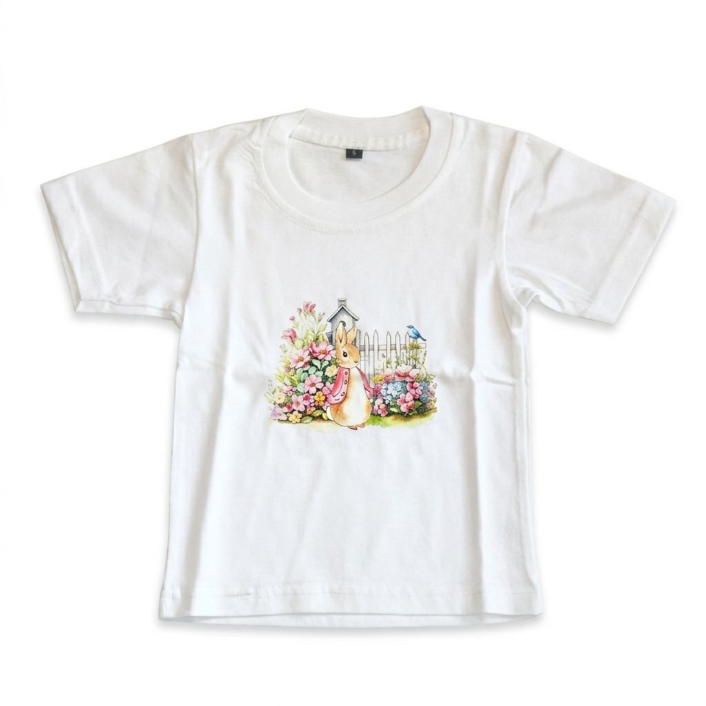 White t-shirt with a printed design of a rabbit and flowers on a white background