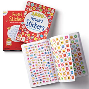 A sticker book titled '1800 Reward Stickers', with colorful pages showing various reward stickers designed for encouraging good habits and positive behavior in children.