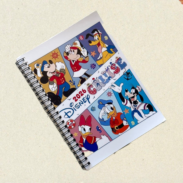 Disney-themed notebook with character illustrations on a beige background