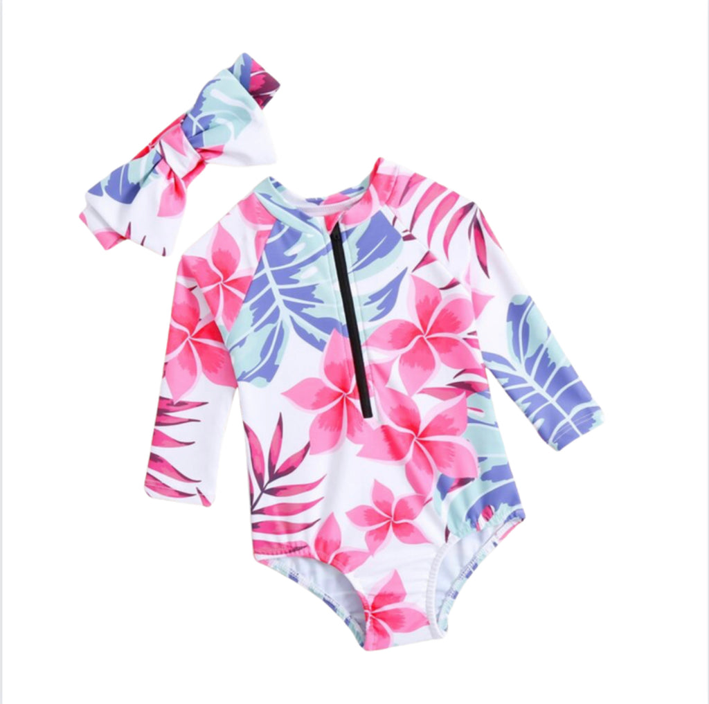 2 Pack Floral Zipper Front Swimsuit with Swim Hair Band for Infants & Toddlers