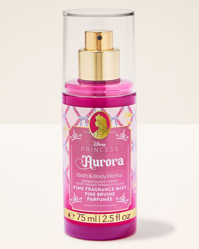 Disney Princess Aurora Bath & Body Works Fine Fragrance Mist in a 75ml bottle with a pink label, gold pump, and clear protective cap, set against a light beige background.
