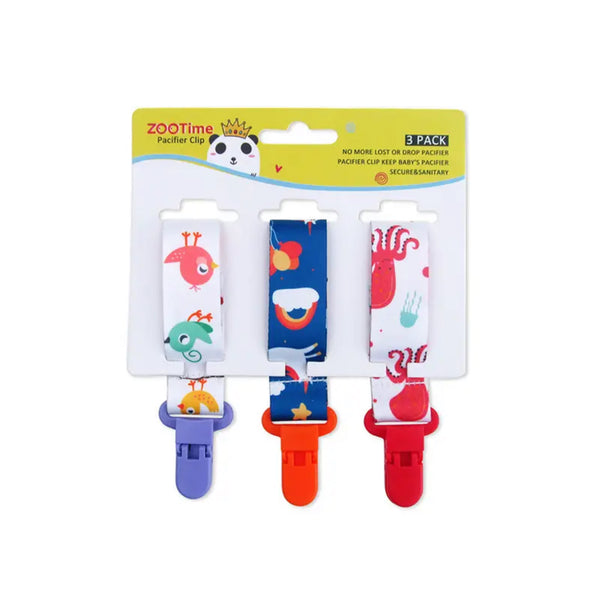 Zootime pacifier clips in colorful packaging on a white background