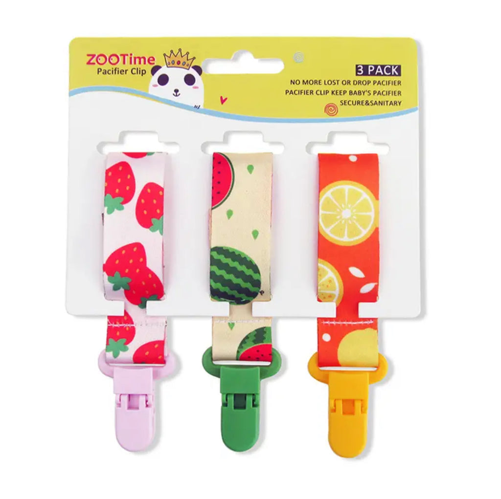 ZOOTime pacifier clip set with fruit designs on a white background