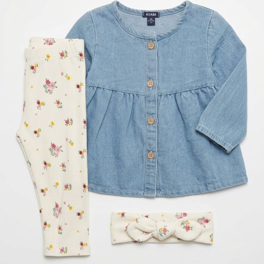 Children's denim shirt, floral leggings, and headband on a white background