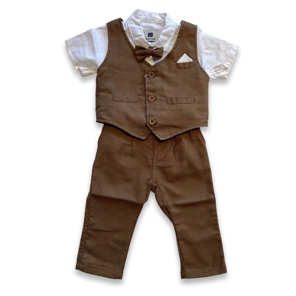 Children's brown vest and pants set with a white shirt on a white background