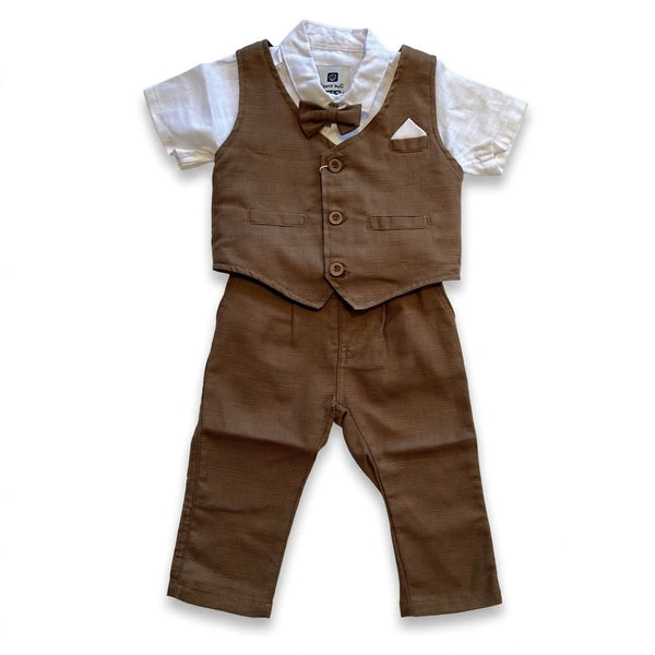 Children's brown vest and pants set with a white shirt on a white background