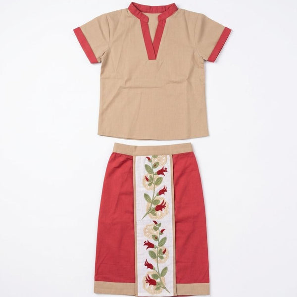 Beige and red outfit with on a white background