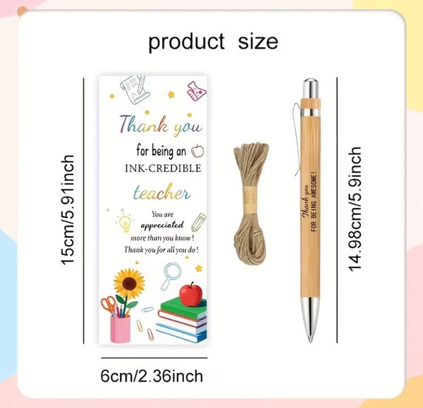 Product size chart with a bookmark, string, and pen on a white background