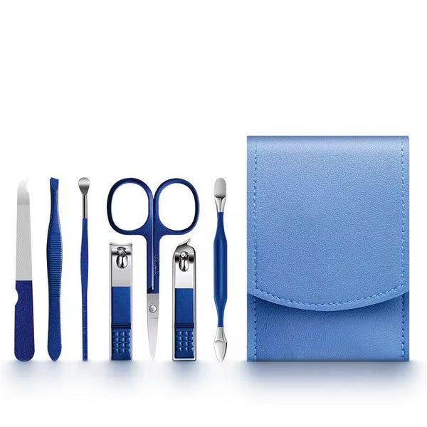 A 7 piece manicure set in blue, including tools for filing, trimming, buffing, and polishing nails, displayed next to a blue-colored pouch for storage.