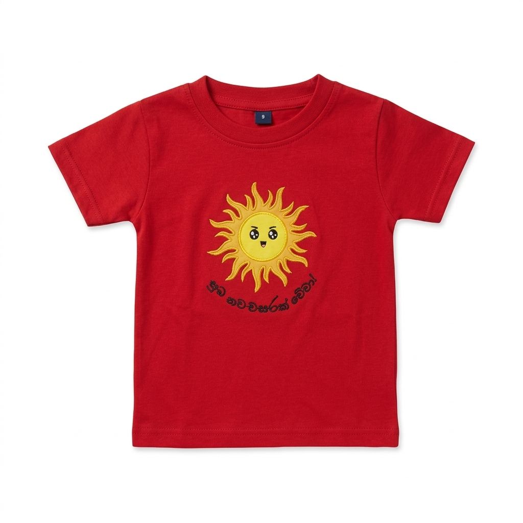 Red t-shirt with a sun design on a white background