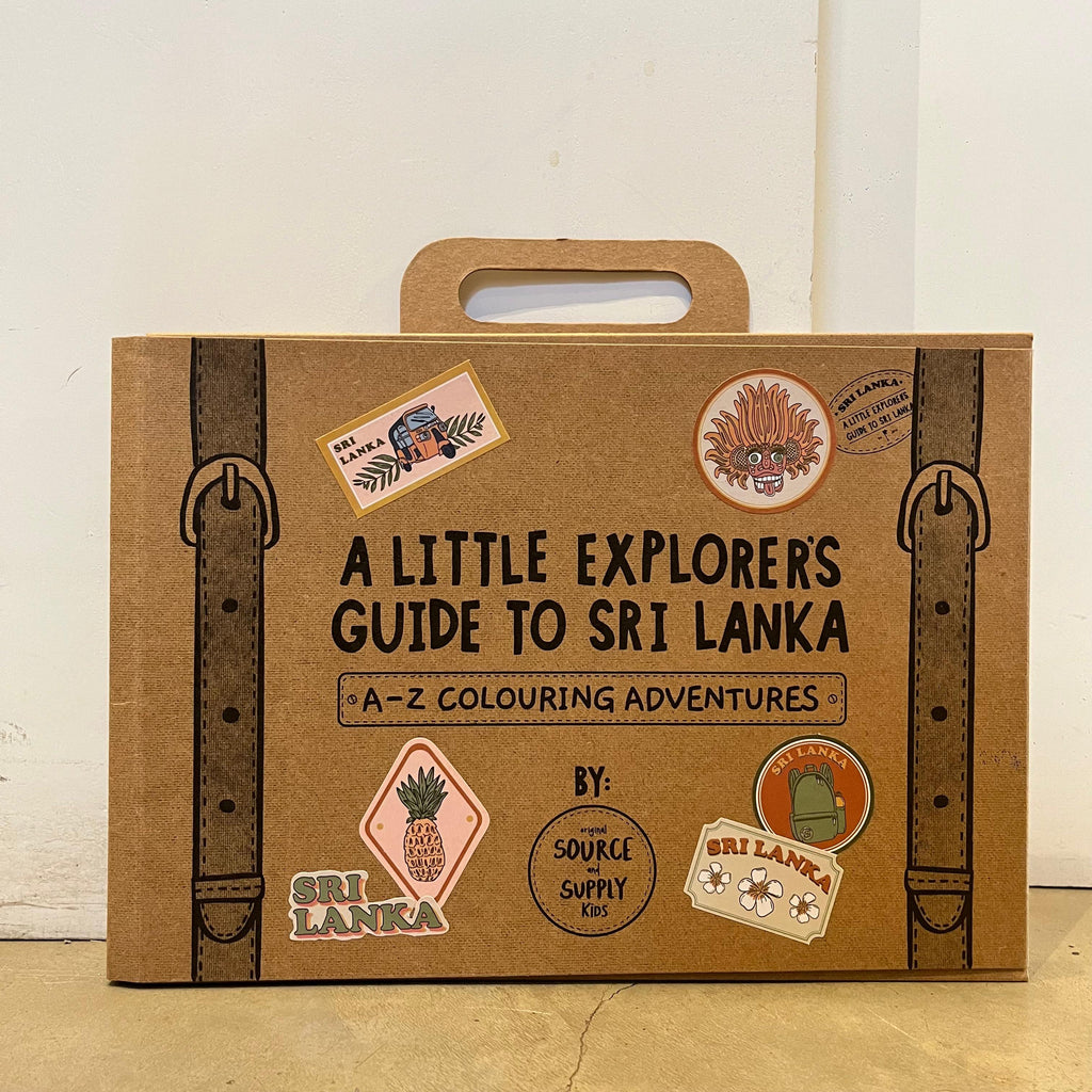 Cardboard box designed like a suitcase with 'A Little Explorer's Guide to Sri Lanka' text on it.