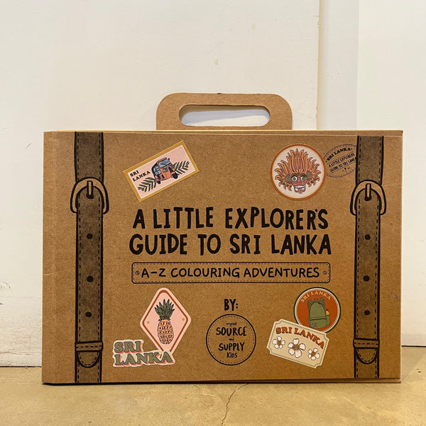 Cardboard box designed like a suitcase with 'A Little Explorer's Guide to Sri Lanka' text on it.