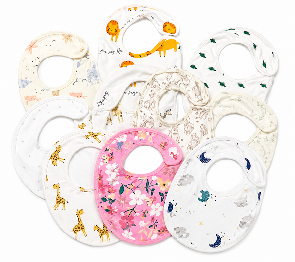 A collection of baby fabric bibs in various designs including animals and patterns