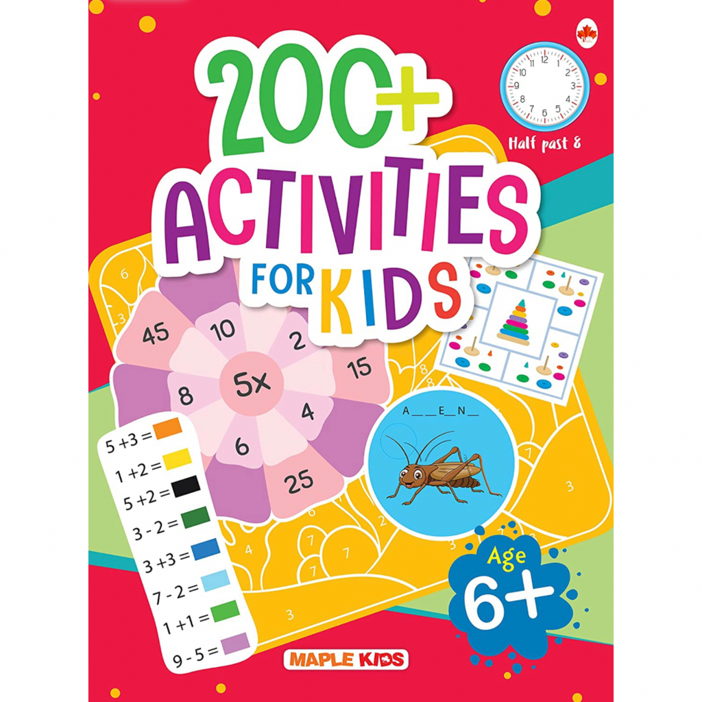 Cover of the '200+ Activities for Kids' book by Maple Kids, featuring colorful illustrations and a clock graphic to represent time activities.