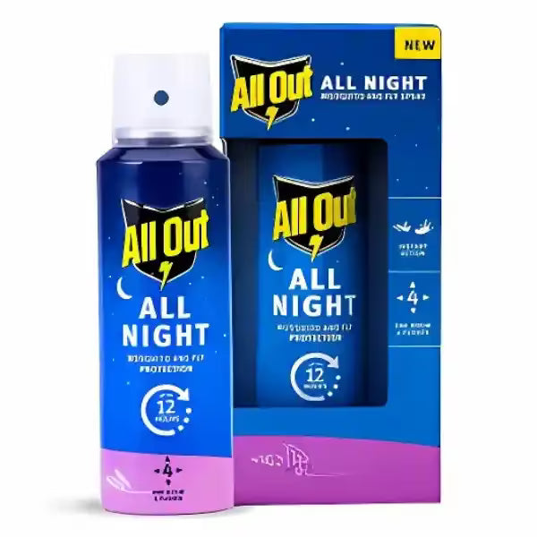 A bottle of All Out All Night mosquito repellent spray next to its blue and purple packaging box, featuring a yellow lightning bolt logo and 'NEW' badge.