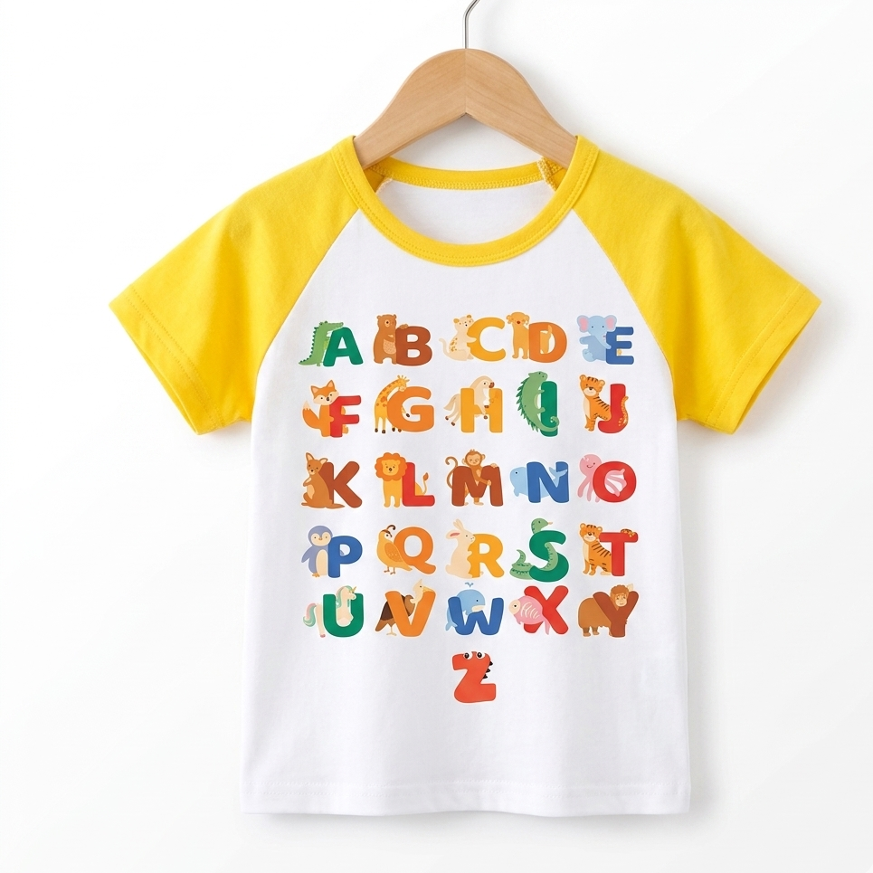 Children's t-shirt with colorful letters and animals on a white background
