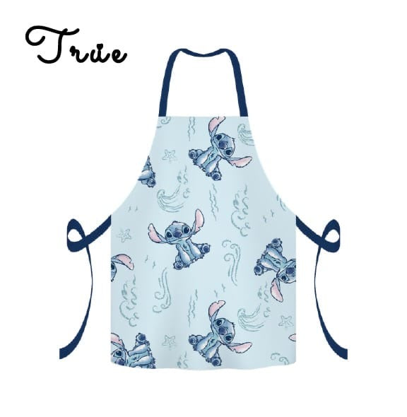 Apron with cartoon character design on a light blue background
