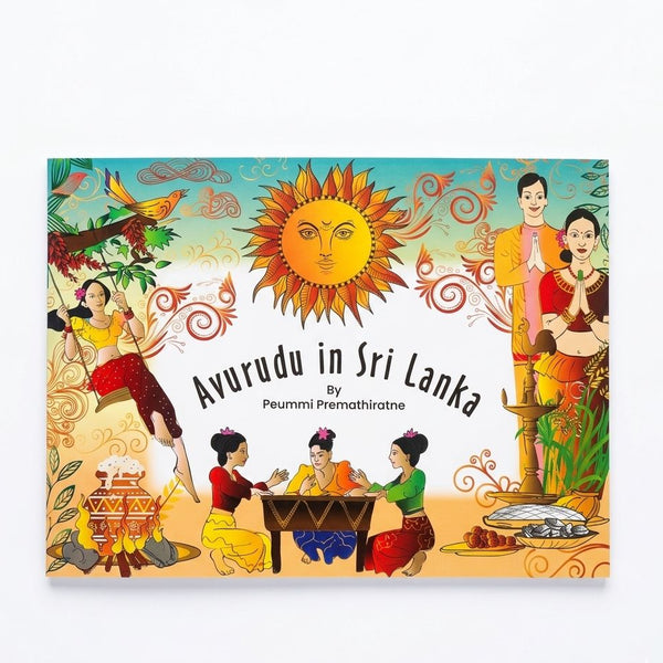 Book cover of 'Avurudu in Sri Lanka' with colorful illustrations and a sun symbol.