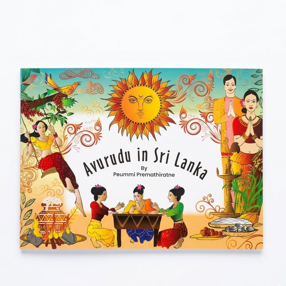 Book cover of 'Avurudu in Sri Lanka' with colorful illustrations and a sun symbol.