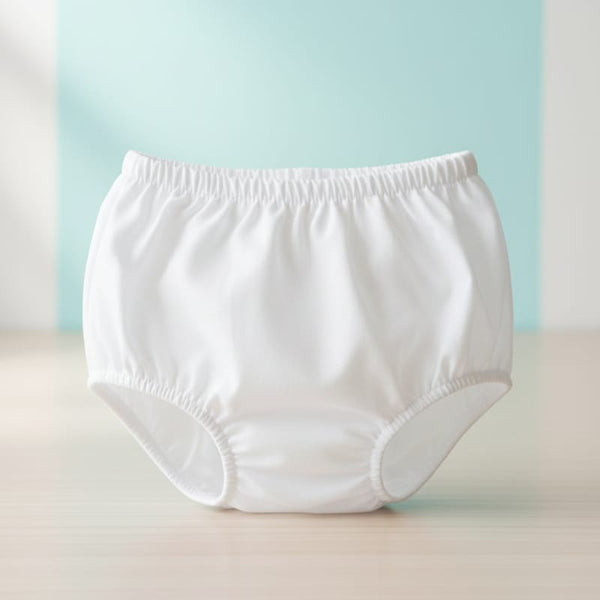 White diaper on a light beige surface with a light blue wall in the background