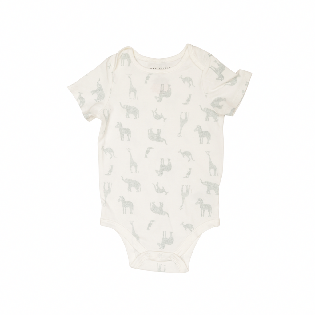 Baby onesie with animal pattern on a white background