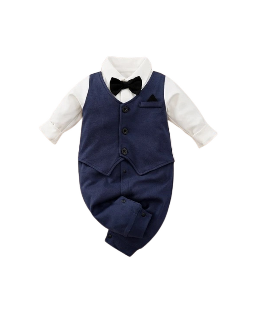 Baby Boy Formal Waistcoat Romper With Bow Tie - Navy & White